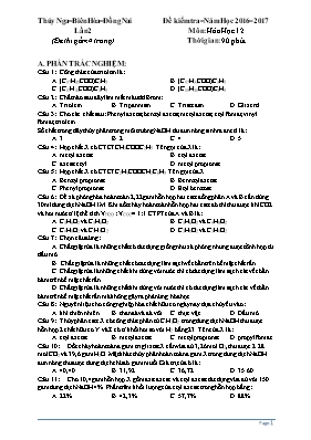 Đề kiểm tra lần 2 môn Hóa học Lớp 12 - Năm học 2016-2017